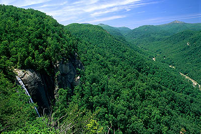 View of Hickory Nut Falls and Hickory Nut Gorge, from Inspiration Point on the Skyline Trail. Location: NC, Rutherford County, The Blue Ridge Mountains, Hickory Nut Gorge, Chimney Rock Park. [ref. to #232.418]