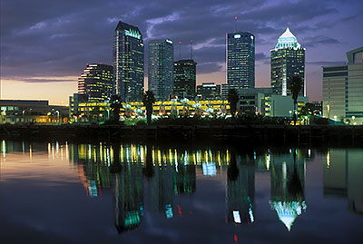 Tampa's downtown skyline, viewed over Garrison Channel from Harbour Island, at night. Location: FL, Hillsborough County, Tampa, Downtown. [ref. to #234.367]