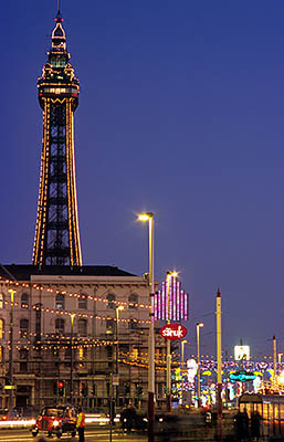 ENG: Manchester-Liverpool Urban Area, Blackpool Borough, Historic Town Center, The Promenade, The Promenade and the Blackpool Tower, decorated for the Illuminations Festival, lighted and at night [Ask for #262.078.]