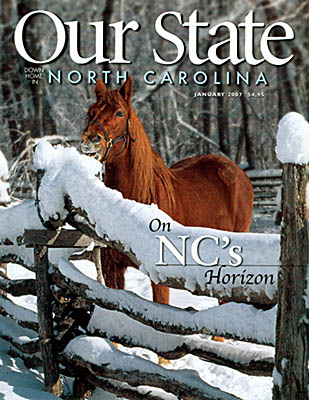 North Carolina, Jim's photo of a horse eating snow off a split rail fence at the Pioneer Farm Museum, Great Smoky Mountains Nat Pk, is on the cover of Our State, Jan 2007 [Ask for #990.064.]