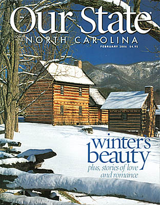 North Carolina: Central Mountains Region, Buncombe County, The Great Craggy Mountains, Weaverville, Zebulon Vance Birthplace, Our State cover for Feb 2006; Vance Birthplace in snow. [Ask for #990.138.]