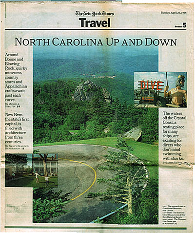 North Carolina: Northern Mountains Region, Avery County, Linville Area, Grandfather Mountain Park, New York Times Travel Section cover for Apr 26, 1998; photo of the road up Grandfather Mountain. [Ask for #990.139.]